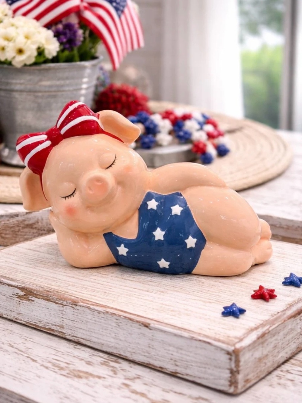 HTF NWT Patriotic Pig Ceramic Decor July 4th Beachy Pig 9x7